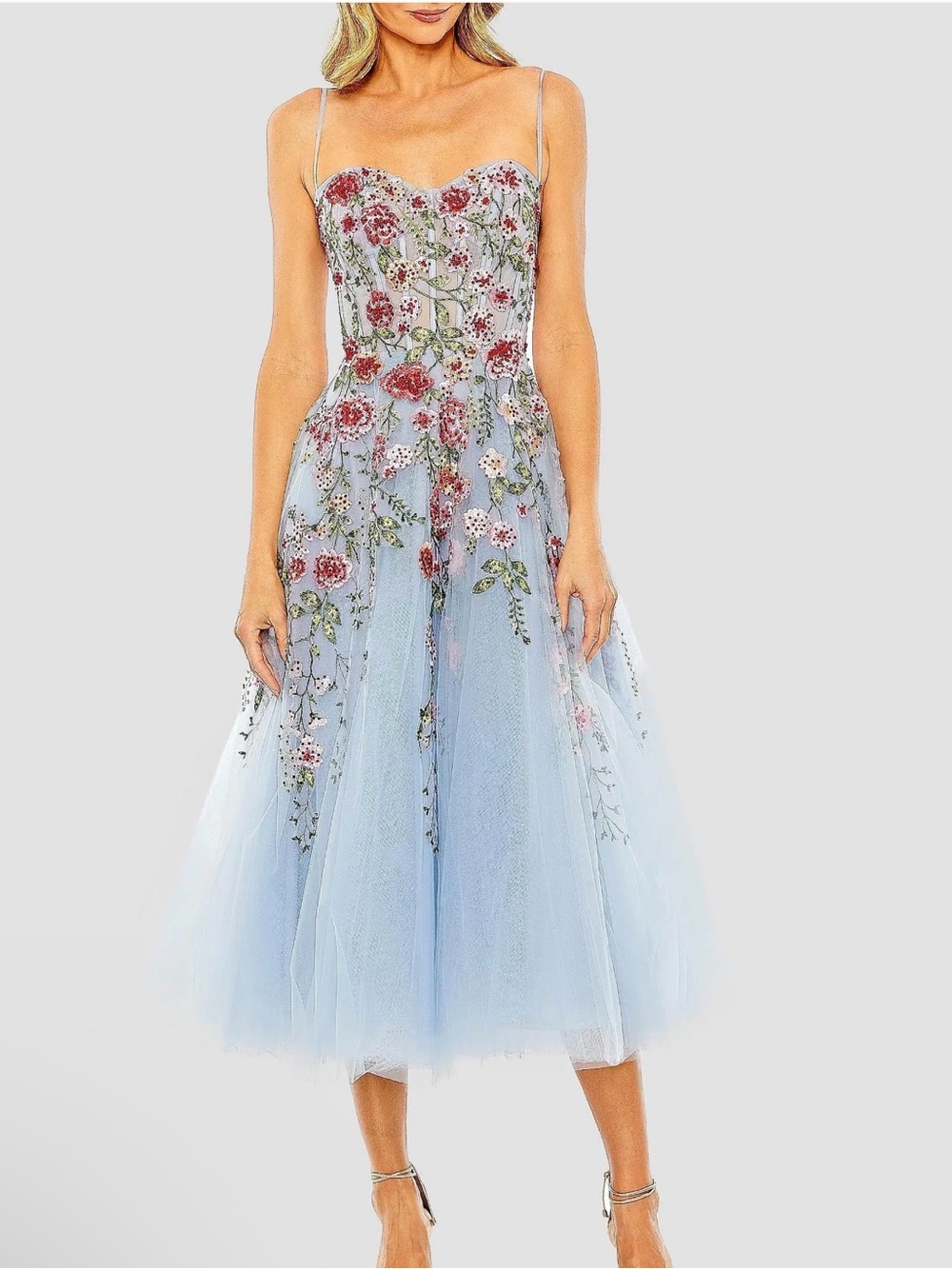 Mac duggal Cocktail Floral Embroidered Tulle Midi-Dress
